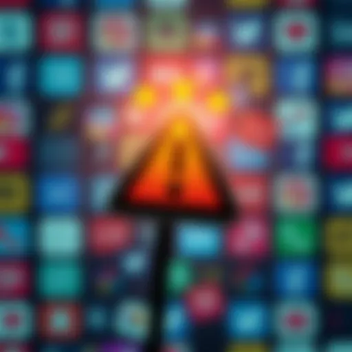 A graphic showing a warning sign against a backdrop of social media icons, representing the EU's warning to Meta about auto-play features
