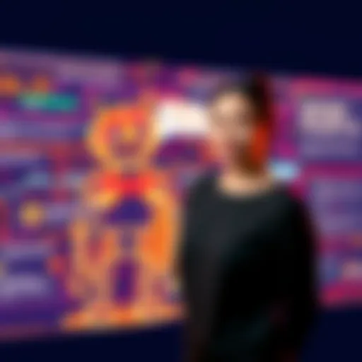 Eugenia Kuyda stands beside a digital representation of the Replika chatbot on a screen, showcasing human-AI interaction