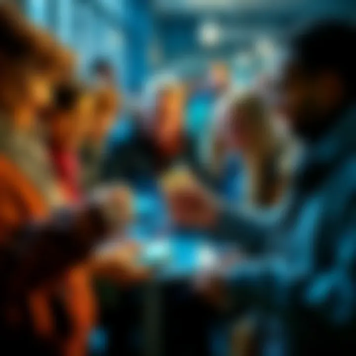 A group of diverse Europeans exchanging traditional credit cards for a new sovereign payment system, highlighting a shift in financial habits
