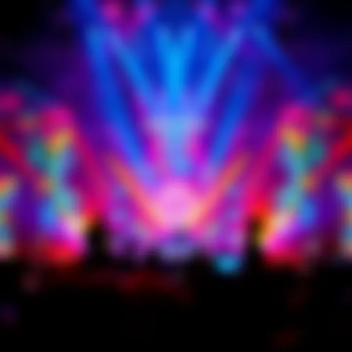A vibrant Eurovision stage with musicians using generative AI technology during their performance, showcasing a mix of traditional and digital elements.