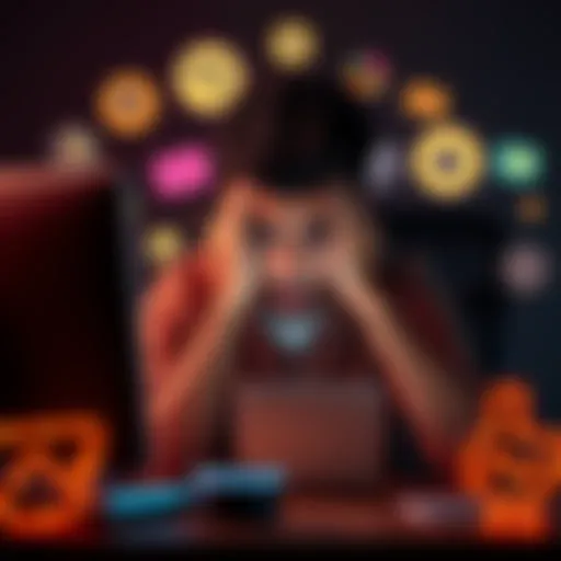 A person frustrated with a computer, surrounded by evaluation tool icons, illustrating challenges in eval-driven development