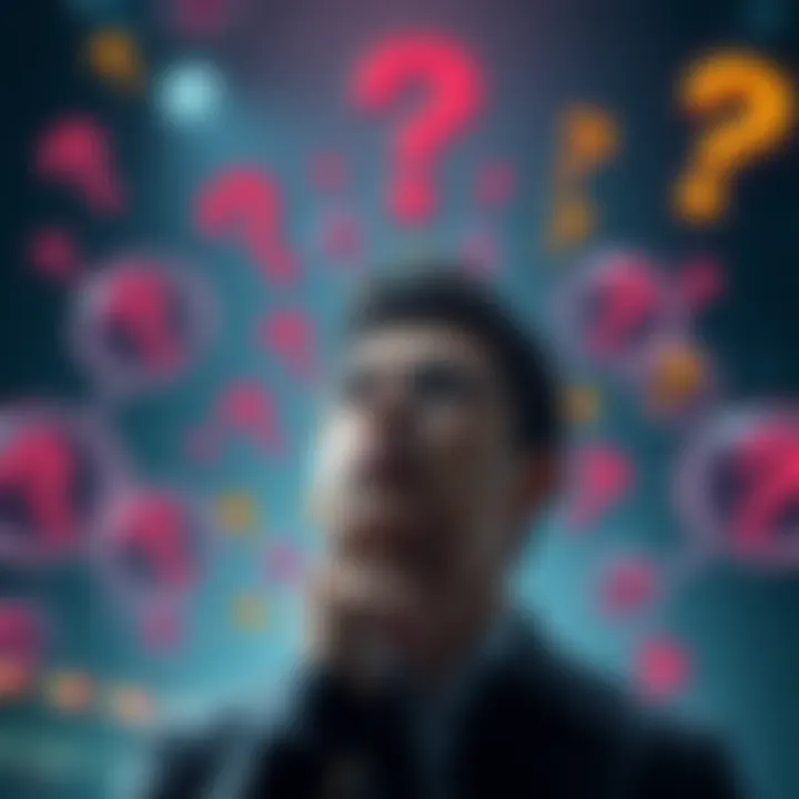 A person pondering over various standards and expectations in modern society, surrounded by question marks and thought bubbles.