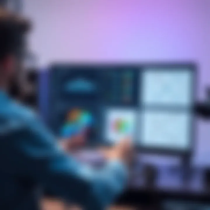 A designer reviews a layout with geometric shapes and patterns on a computer screen, showing design assessments and notes.