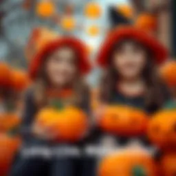 Eve and Lizzy dressed in Halloween costumes, smiling and holding pumpkins, surrounded by festive decorations