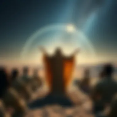 A woman in flowing robes performing a spiritual ritual under a starry sky, surrounded by participants engaged in meditation.