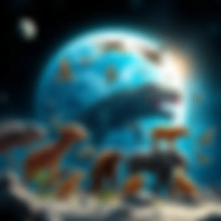 An illustration showing various stages of life evolution from simple organisms to complex animals, depicting the journey of life through time.