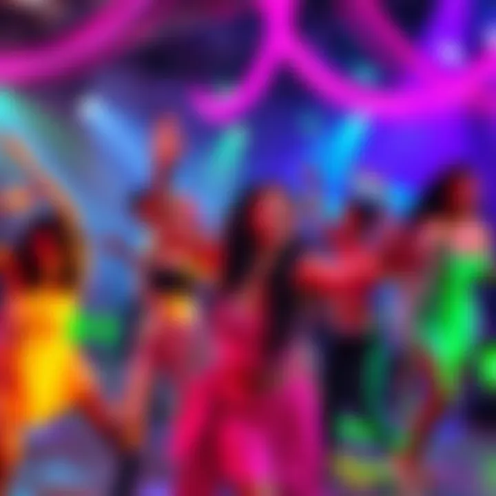 A lively group of dancers enjoying Seedance 2.0, showcasing vibrant movements and expressions in a colorful setting.