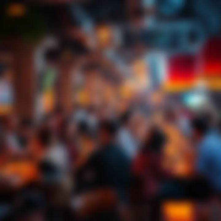 A lively scene of people enjoying food and drinks at a bustling restaurant and nightspot