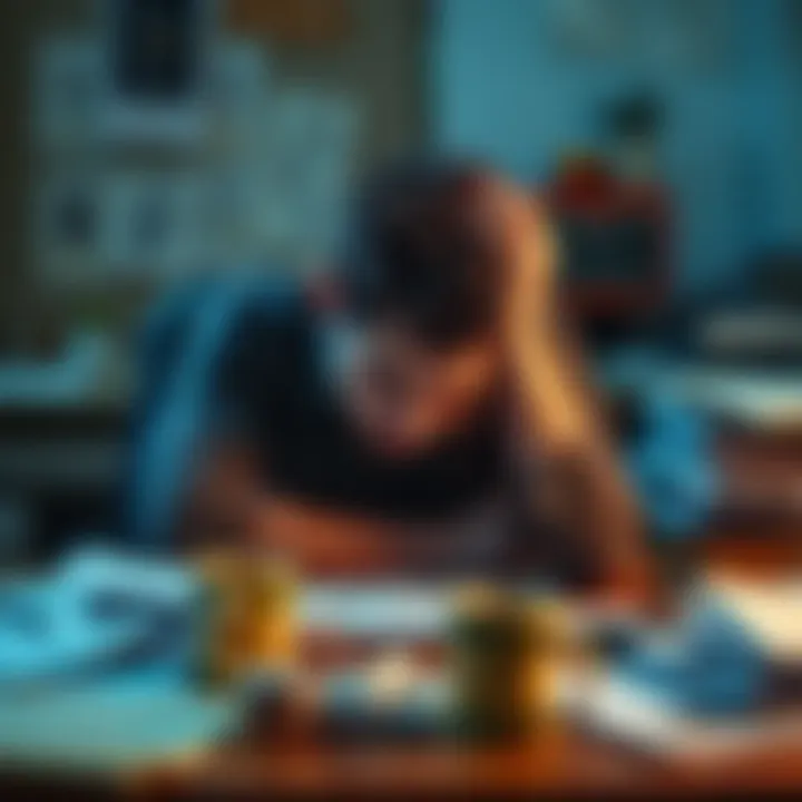 A tired person resting their head on a cluttered desk, surrounded by papers and a coffee cup