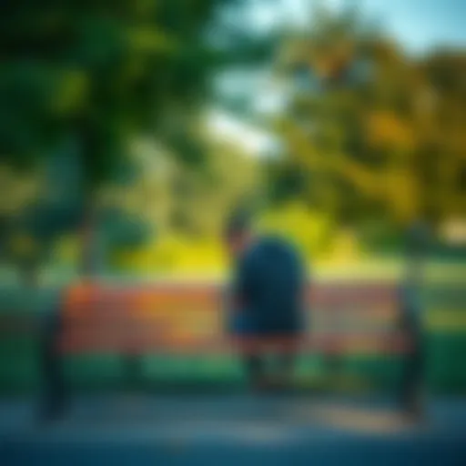 A tired person sitting on a park bench, looking overwhelmed by life's demands, with nature in the background.