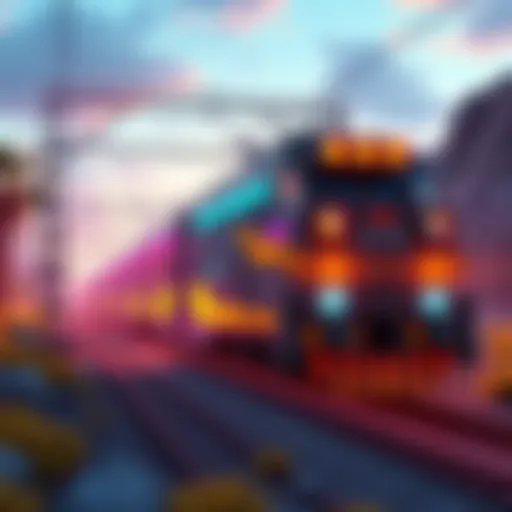 A vibrant scene from the Exo-Rail game trailer showcasing futuristic trains and a dynamic landscape