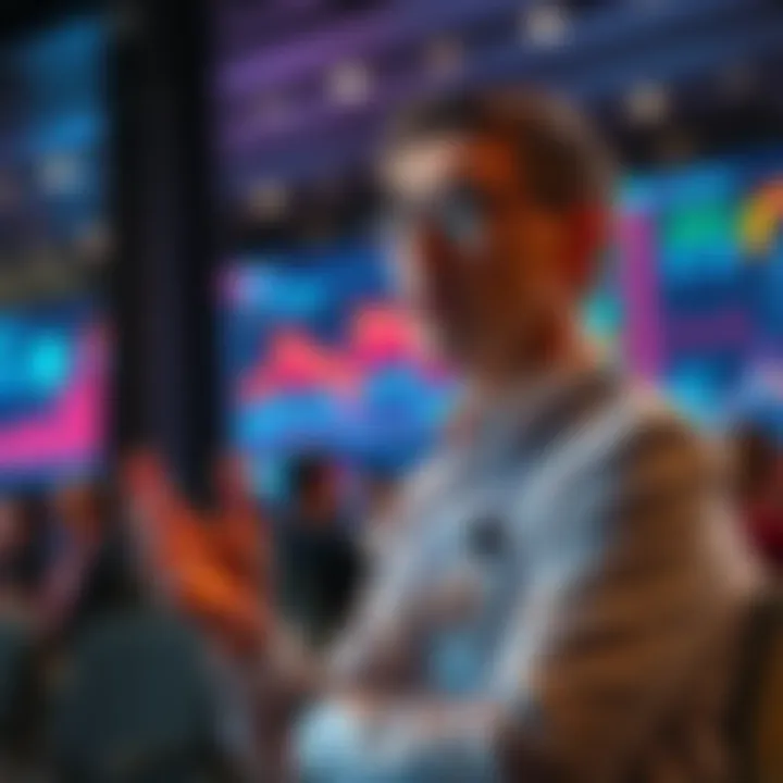 A professional expert speaking about blind spots in AI, with charts and data in the background, in a conference setting