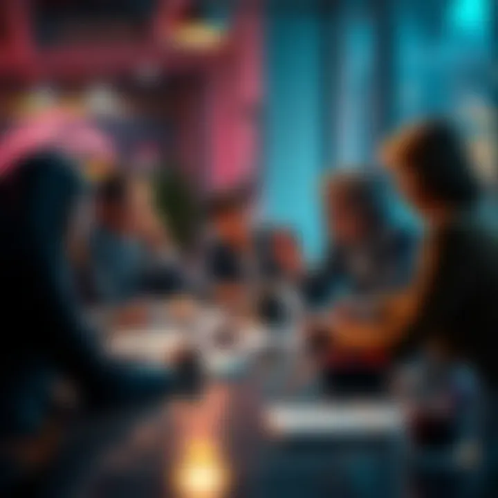 A group of experts sharing ideas around a table, brainstorming ways to improve a key scene in storytelling.