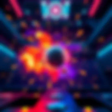 A ball is launched towards a central core, creating colorful chain reactions with explosions around it in an arcade game setting.