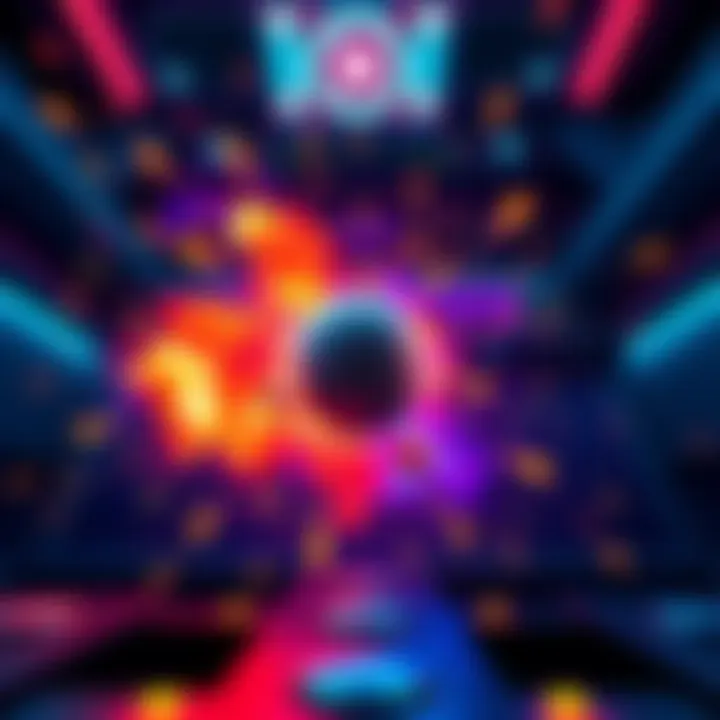 A ball is launched towards a central core, creating colorful chain reactions with explosions around it in an arcade game setting.