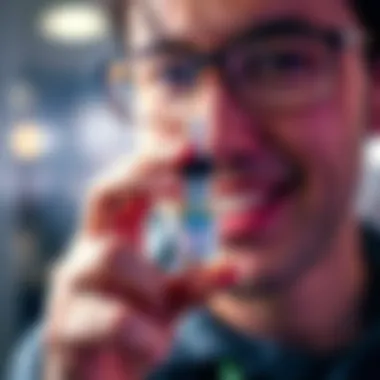 A person holding a small bottle of eye drops with a smiling face, indicating happiness about no longer needing glasses.