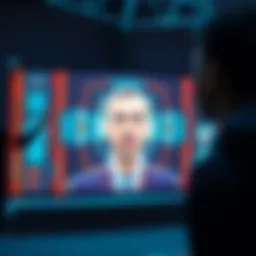 A person standing in front of a screen displaying a facial recognition scan process
