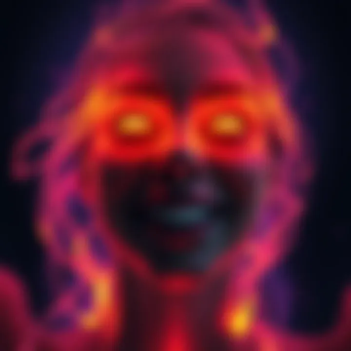 A figure with an appealing smile and glowing eyes, symbolizing temptation, surrounded by vibrant colors.