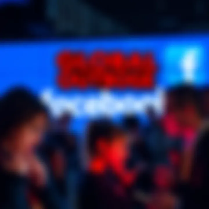 A graphic showing people frustrated while using their devices with Facebook logo in the background