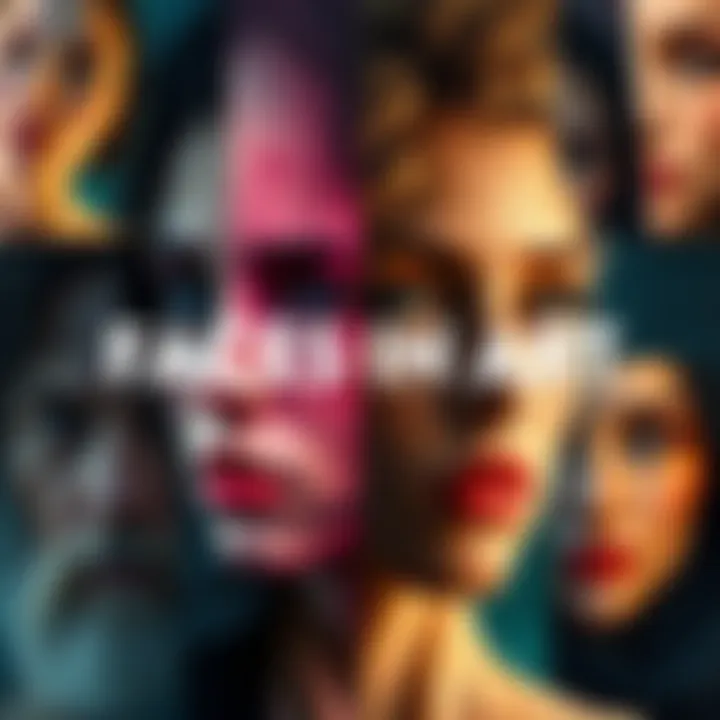 A collage of various artistic representations of faces showcasing different emotions and identities.