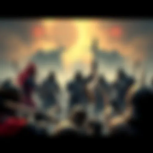A group of warriors strategizing against three formidable foes, each representing a challenge in battle, symbolizing the need for tactical adjustments.