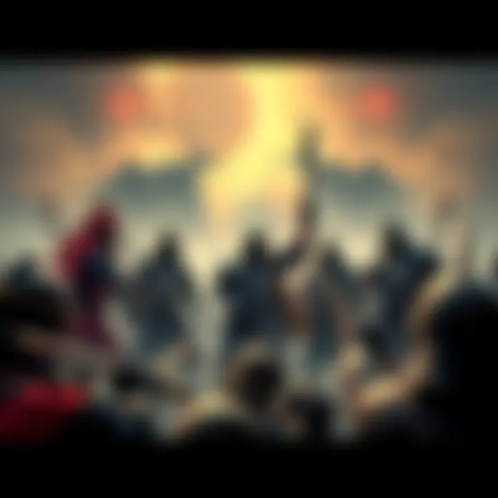 A group of warriors strategizing against three formidable foes, each representing a challenge in battle, symbolizing the need for tactical adjustments.