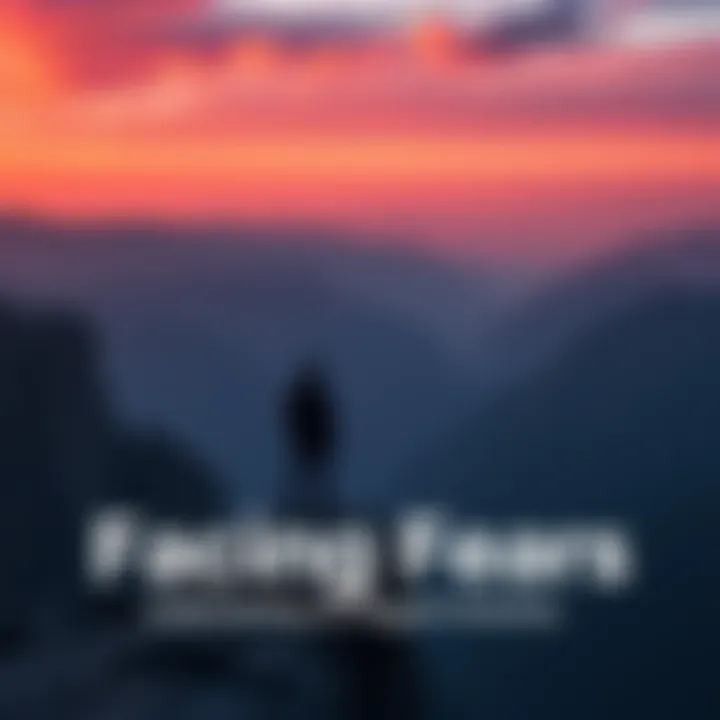 A person standing at the edge of a cliff, looking out over a vast landscape, representing the challenge of facing fears and anxieties.