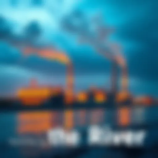 Factories located along the river with smoke rising and water flowing, showing the industrial and natural environment together.