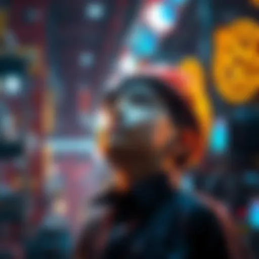 A young factory boy gazes up, envisioning a bright future with AI, surrounded by factory elements and glowing symbols of technology.