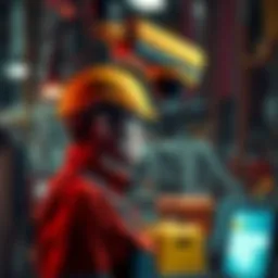 Factory Worker Under Surveillance A factory worker monitoring machines with a camera overhead, representing the shift towards automation.