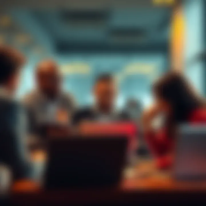 A diverse group of people engaging in a balanced online discussion on laptops and tablets