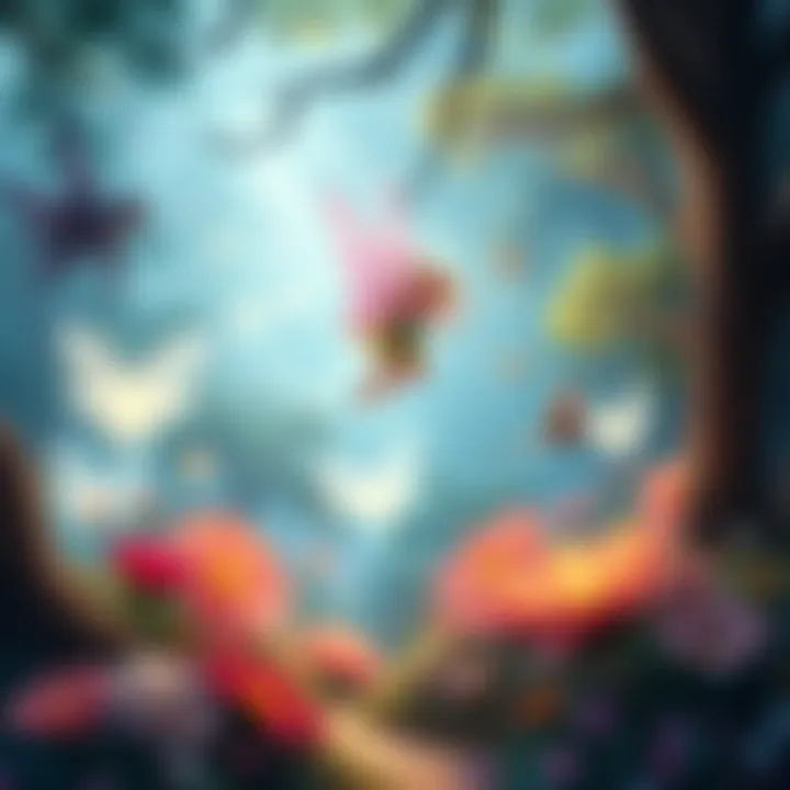 A colorful fairy flying over a sparkling forest filled with magical creatures and flowers.