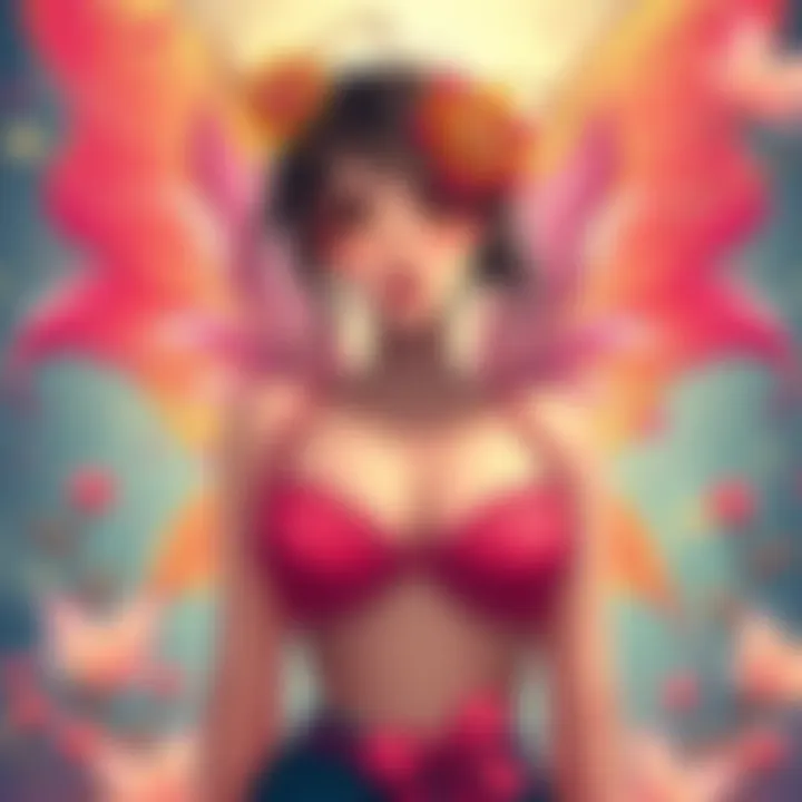 A colorful illustration of a fairy girl featuring large breasts, surrounded by whimsical elements like flowers and sparkles.