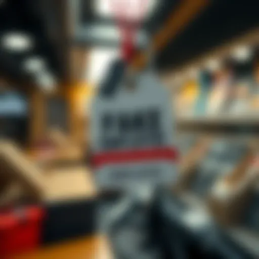 A close-up of a fake employee badge with a blurred background of a food delivery setting.