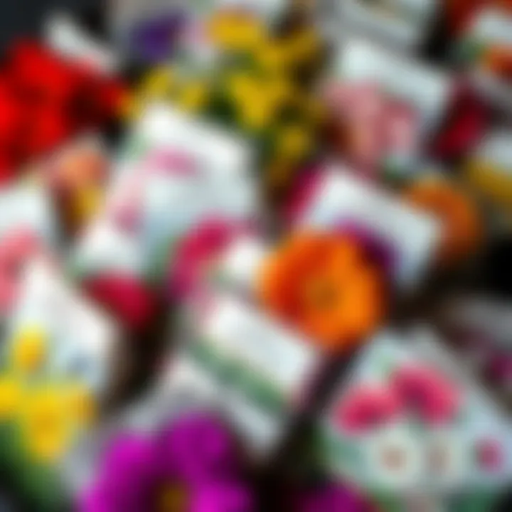 Fake flower seeds A collection of colorful seed packets labeled with names of non-existent AI-generated flowers.