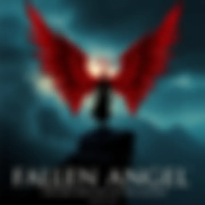 A silhouette of a fallen angel with broken wings standing on a cliff, overlooking a dark valley, symbolizing a tragic fall from grace.