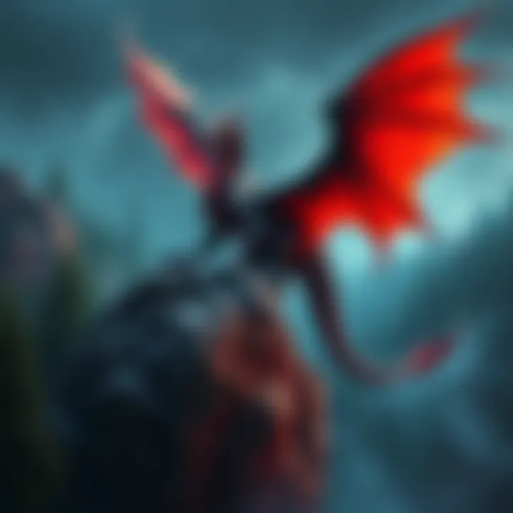 A majestic Fallen Crimson Gem Dragon perched atop a rocky cliff, its shimmering scales reflecting shades of red and gold, surrounded by a mystical forest.