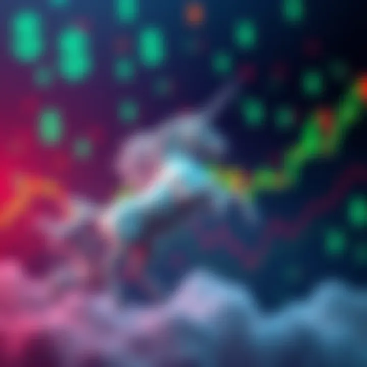 A graphic showing a unicorn figure falling with dollar signs and stock market graphs in the background, symbolizing financial struggles of startups.