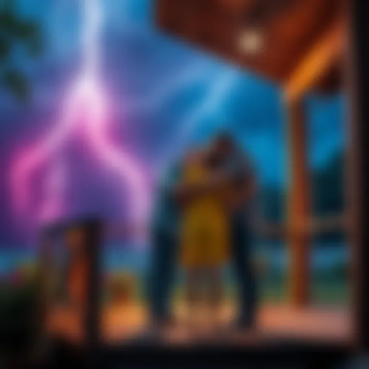 A family hugs closely on a wooden porch as lightning strikes nearby, showing their bond amid the storm.