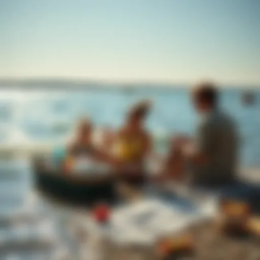A family enjoying a sunny day at the lake, swimming and fishing while picnicking on the shore