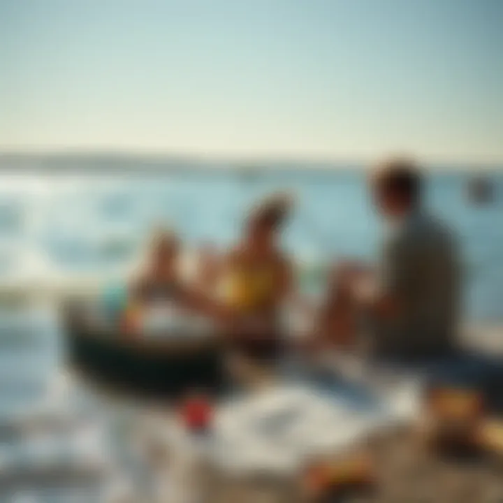 A family enjoying a sunny day at the lake, swimming and fishing while picnicking on the shore