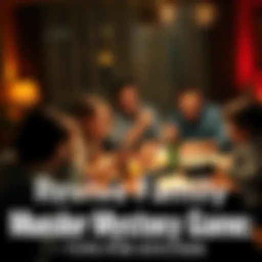 A family gathered around a table with props and clues for a murder mystery game, looking engaged and excited