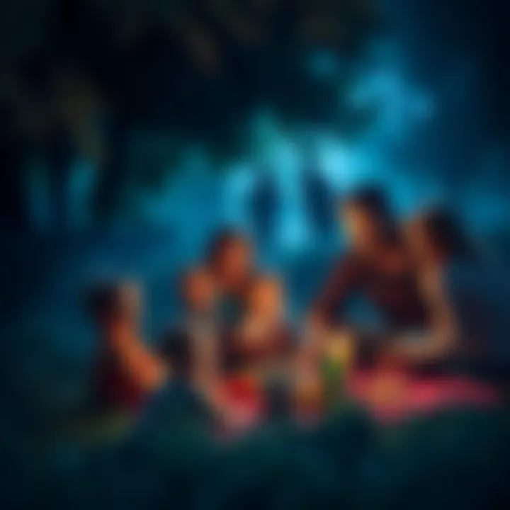 A family enjoying a picnic with unsettling shadows in the background, hinting at something off. Children play nearby while adults look concerned.