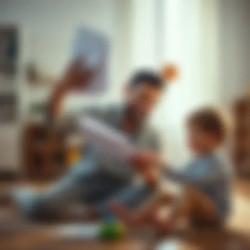 A father in casual clothing juggles work documents and a toy while his child plays on the floor, showing the blend of professional skills and parenting.