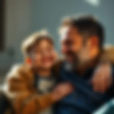 A father and son sharing a moment together, smiling and enjoying each other's company.