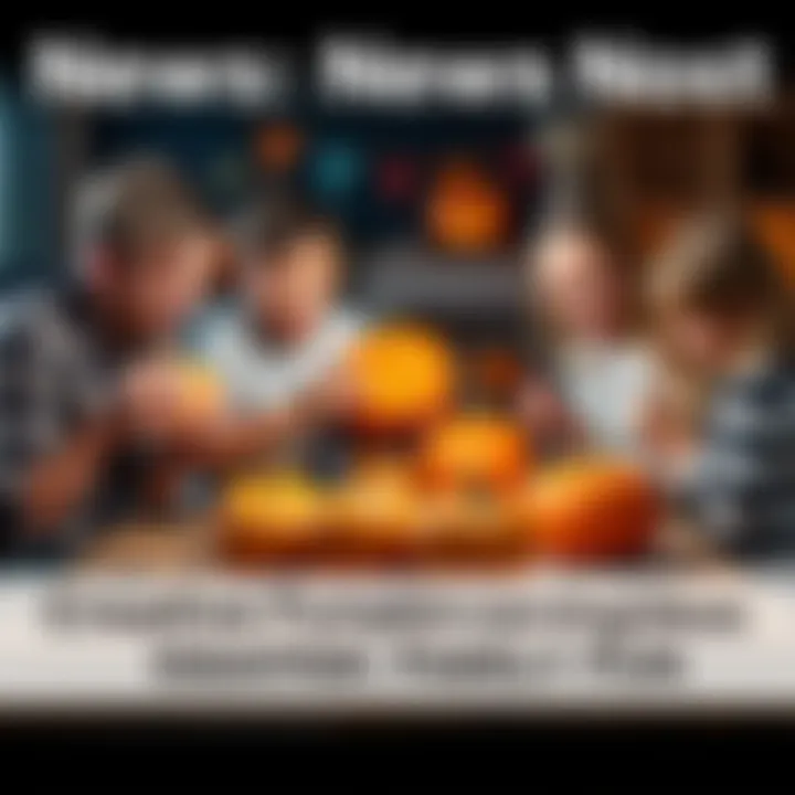 A family happily carving pumpkins on a table, showcasing creative designs and tools for Halloween fun