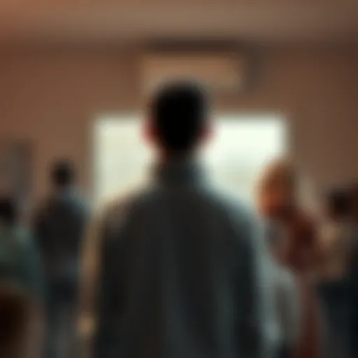 A person stands with their back turned, looking away from a family gathered behind them, showcasing tension and possible disownment.