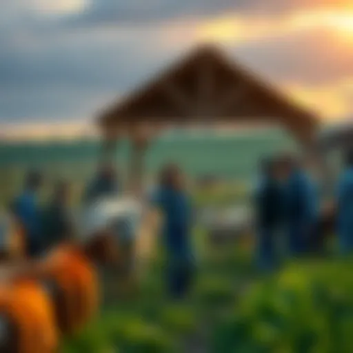 A welcoming family farm scene featuring a friendly woman named Maggie interacting with visitors amidst fields and animals.