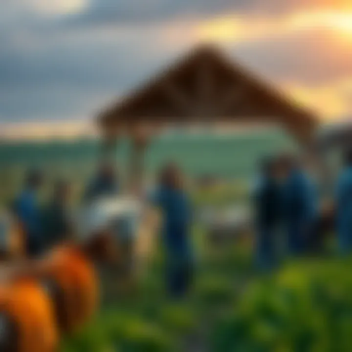 A welcoming family farm scene featuring a friendly woman named Maggie interacting with visitors amidst fields and animals.