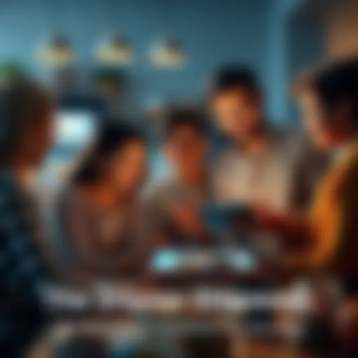 A family gathers around a tablet while planning meals for the week, showing groceries and recipes on the screen.